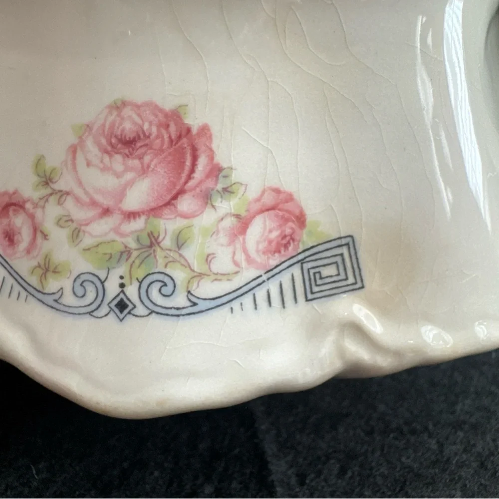 Rare 1941 Homer Laughlin Creamer Pitcher 3 Pink Peonies w/ Blue Geometric Scroll